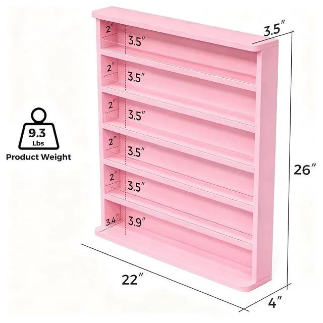 Alt view image 3 of 7 - Wood Nail Polish Rack, Wall Mount Nail Polish Organizer, 6 Layers Nail Salon Storage Display Shelves Perfume Bottles Essential Oil Holder w/Acrylic Baffle, Pink