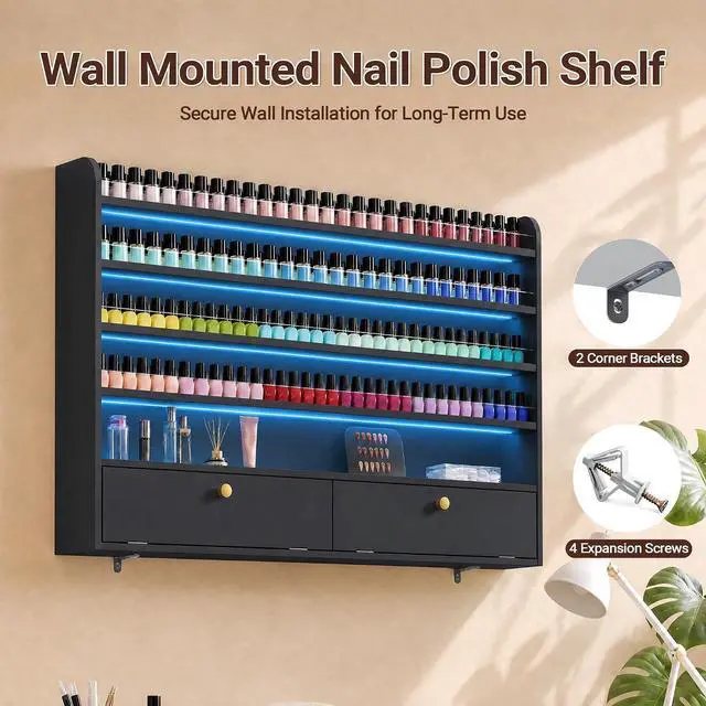 Alt view image 6 of 7 - Wood Nail Polish Rack with Cabinet, 5-Tier Nail Polish Display Shelf, Black | Wall Mount, LED Light, Anti-Drop Acrylic Baffles, Hold 600+ Bottles, Nail Salon Storage & Display Cabinet