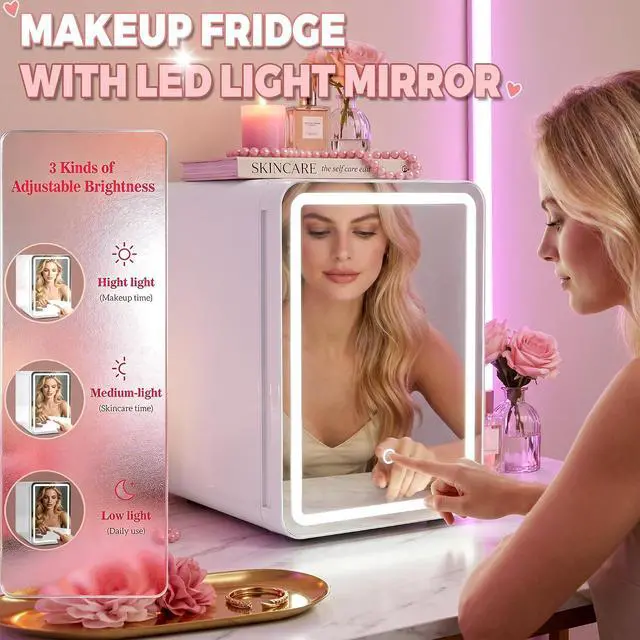 Alt view image 3 of 7 - 16L/20L Skincare Fridge with LED Mirror, Small Fridge for Makeup | Portable Skin Care Fridge for Beauty, Cosmetics, Personal Mini Refrigerator for Food, Office, Dorm, Car, Cooler & Warmer
