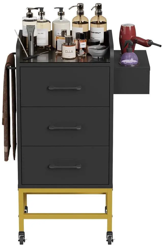 Main image of Salon Trolley Cart with Toughened Glass Top, Rolling Barber Station w/ 4 Wheels (2 Lockable), 3 Drawers, 3 Hot Tool Holders & Towel Rack, Salon Storage Equipment for Hair Stylist, Black