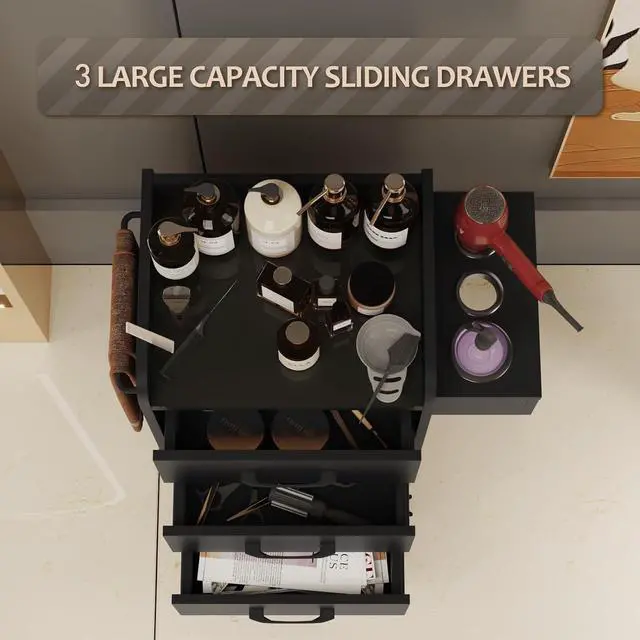 Alt view image 4 of 7 - Salon Trolley Cart with Toughened Glass Top, Rolling Barber Station w/ 4 Wheels (2 Lockable), 3 Drawers, 3 Hot Tool Holders & Towel Rack, Salon Storage Equipment for Hair Stylist, Black