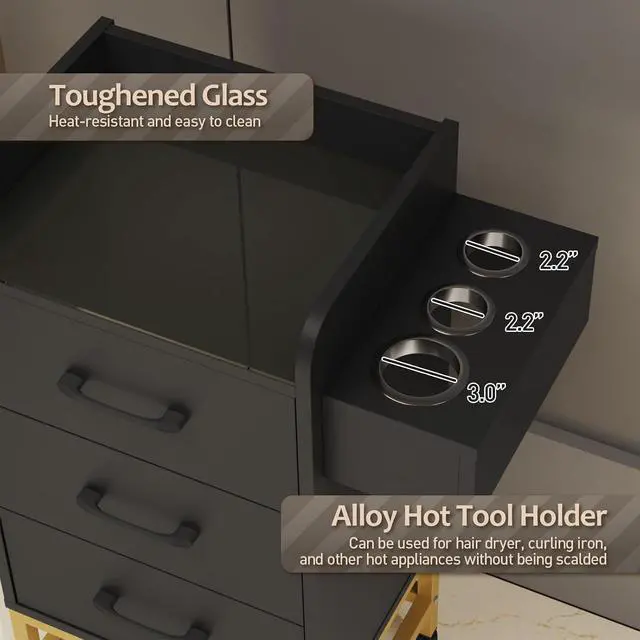 Alt view image 2 of 7 - Salon Trolley Cart with Toughened Glass Top, Rolling Barber Station w/ 4 Wheels (2 Lockable), 3 Drawers, 3 Hot Tool Holders & Towel Rack, Salon Storage Equipment for Hair Stylist, Black