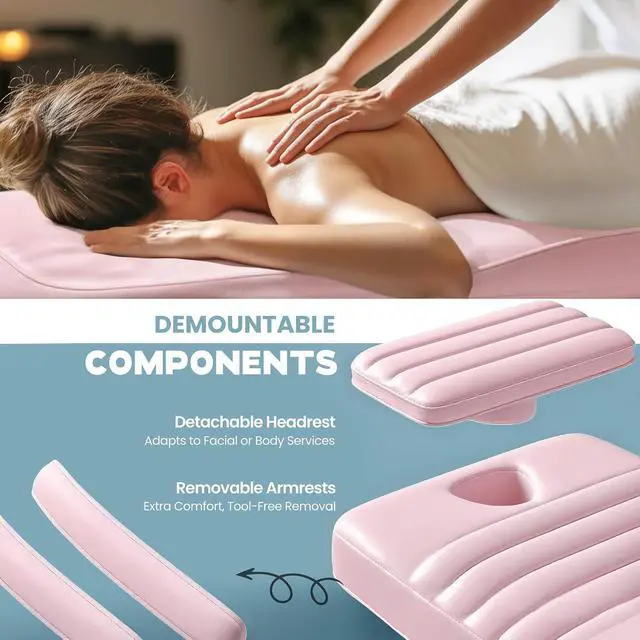 Alt view image 5 of 7 - Electric Massage Table with LED Light, Adjustable Facial Bed with Foot Control for Spa, Tattoo, Waxing, and Eyelash Extension, Removable Headrest and Armrest, 90° Back & Leg Adjustment (Pink)