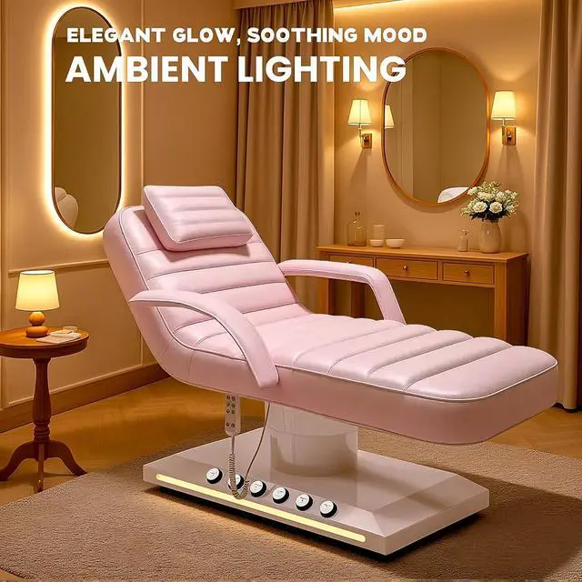 Alt view image 6 of 7 - Electric Massage Table with LED Light, Adjustable Facial Bed with Foot Control for Spa, Tattoo, Waxing, and Eyelash Extension, Removable Headrest and Armrest, 90° Back & Leg Adjustment (Pink)