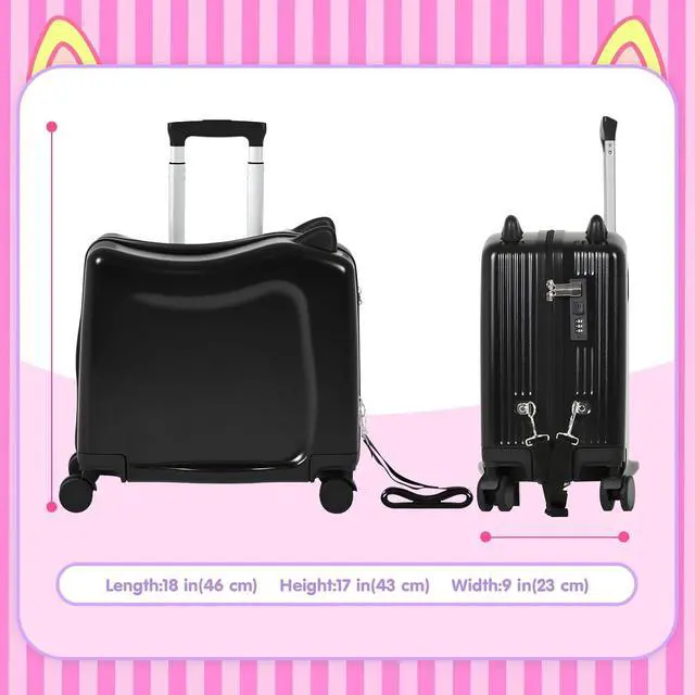 Alt view image 4 of 7 - 20" Kids Ride-On Suitcase with Rope, Carry-On Luggage with TSA Lock | PVC Hardshell, Waterproof & Wear-resistant, 360° Silent Wheels, Telescopic Handle, Airline Carry-on Size, Cute Ear Design