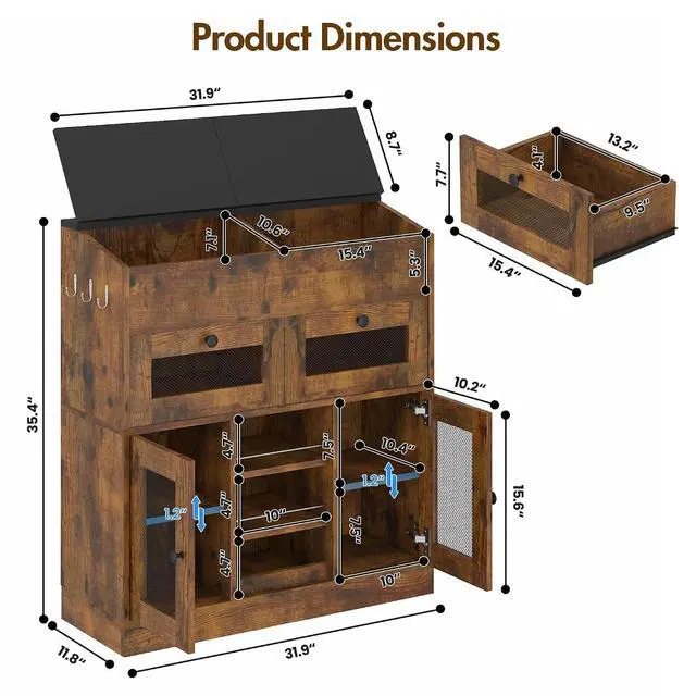 Alt view image 2 of 7 - Wooden Potato and Onion Storage Bin with Lid, Potato Bin with 2 Mesh Drawers, 5-Tier Fruit & Vegetable Cabinet with Mesh Doors, Rustic Kitchen Organizer with Adjustable Shelves for Pantry (31.9")