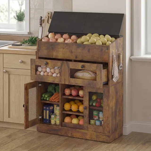 Main image of Wooden Potato and Onion Storage Bin with Lid, Potato Bin with 2 Mesh Drawers, 5-Tier Fruit & Vegetable Cabinet with Mesh Doors, Rustic Kitchen Organizer with Adjustable Shelves for Pantry (31.9")