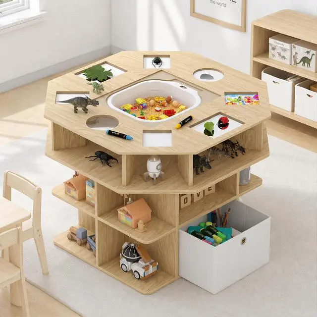 Main image of Kids Science Activity Table, Wooden Sensory Table, Seats 4-6 | Multi-Functional Tabletop with Observation Tools, Removable Activity Bin, 3 Tier Storage Shelves, Dual Fabric Storage Bins