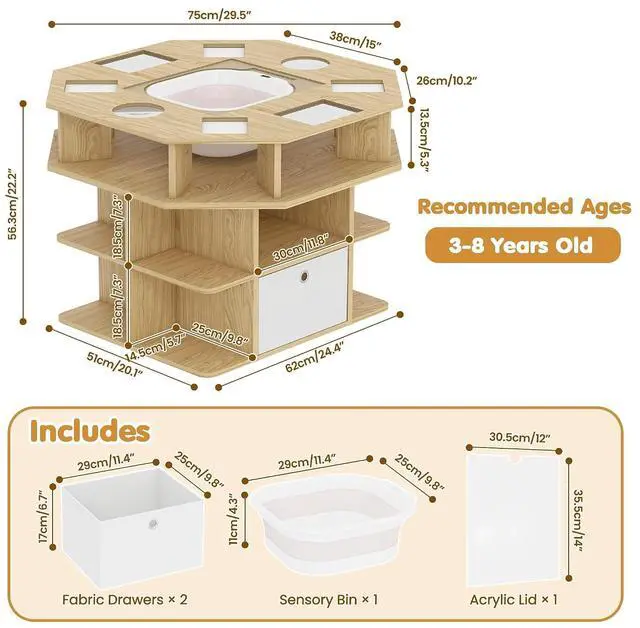 Alt view image 2 of 7 - Kids Science Activity Table, Wooden Sensory Table, Seats 4-6 | Multi-Functional Tabletop with Observation Tools, Removable Activity Bin, 3 Tier Storage Shelves, Dual Fabric Storage Bins