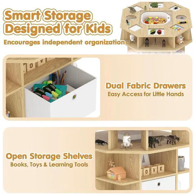 Alt view image 6 of 7 - Kids Science Activity Table, Wooden Sensory Table, Seats 4-6 | Multi-Functional Tabletop with Observation Tools, Removable Activity Bin, 3 Tier Storage Shelves, Dual Fabric Storage Bins