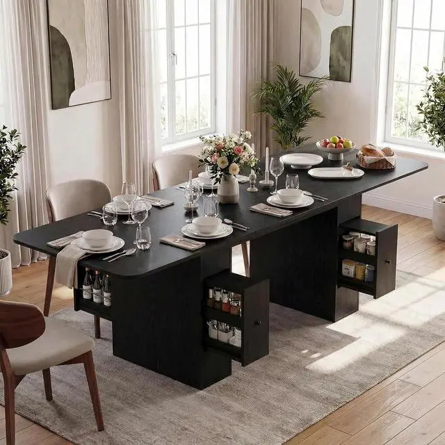 Main image of 63" to 79" Modern Extendable Dining Table with Drawers, Farmhouse Rectangular Kitchen Table for 6-10 People, Space-Saving Dining Room Table with Removable Leaf for Living Room Home Office (Black)