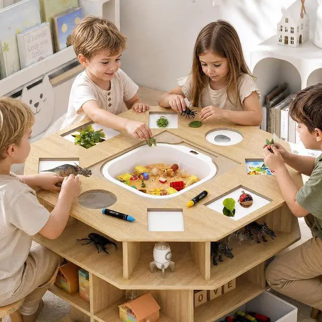 Alt view image 3 of 7 - Kids Science Activity Table, Wooden Sensory Table, Seats 4-6 | Multi-Functional Tabletop with Observation Tools, Removable Activity Bin, 3 Tier Storage Shelves, Dual Fabric Storage Bins