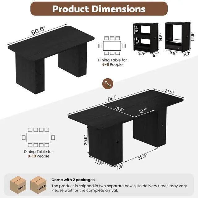 Alt view image 2 of 7 - 63" to 79" Modern Extendable Dining Table with Drawers, Farmhouse Rectangular Kitchen Table for 6-10 People, Space-Saving Dining Room Table with Removable Leaf for Living Room Home Office (Black)