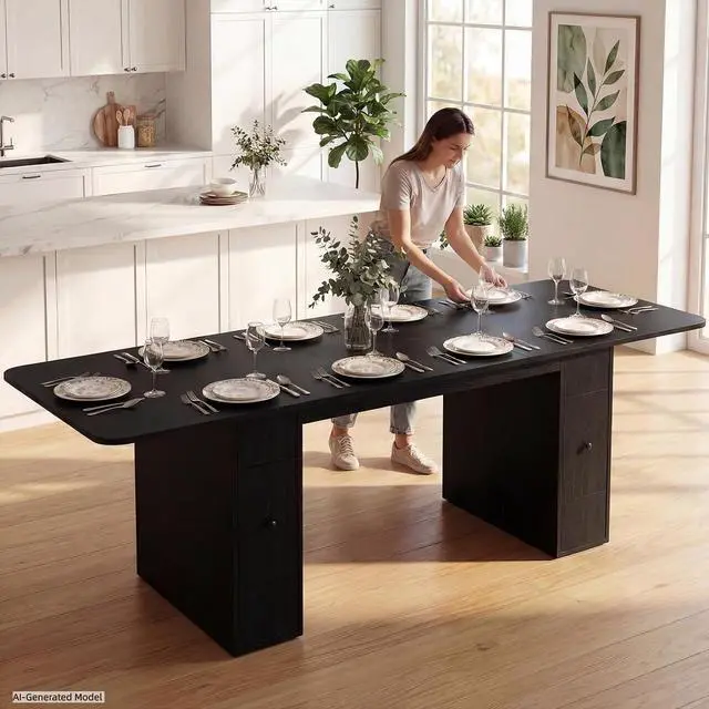 Alt view image 3 of 7 - 63" to 79" Modern Extendable Dining Table with Drawers, Farmhouse Rectangular Kitchen Table for 6-10 People, Space-Saving Dining Room Table with Removable Leaf for Living Room Home Office (Black)