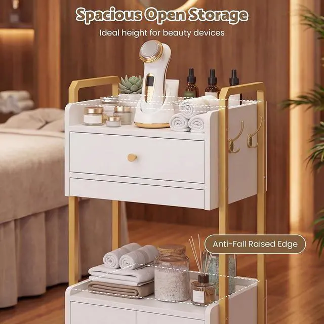 Alt view image 5 of 7 - Spa Salon Trolley with Storage Cabinet, Rolling Beauty Cart for Professional Spa & Salon Use, Mobile Esthetician Cart for Skincare, Facial & Treatment Supplies (White)