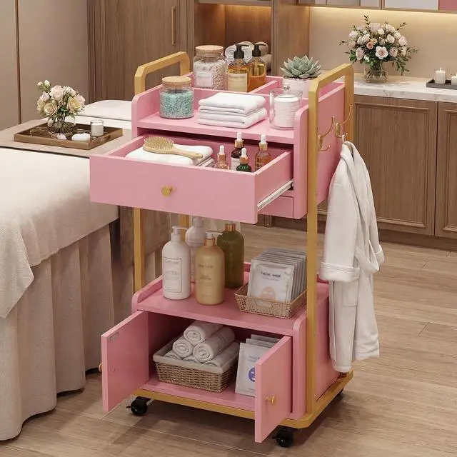 Alt view image 2 of 7 - Spa Salon Trolley with Storage Cabinet, Rolling Beauty Cart for Professional Spa & Salon Use, Mobile Esthetician Cart for Skincare, Facial & Treatment Supplies (Pink)
