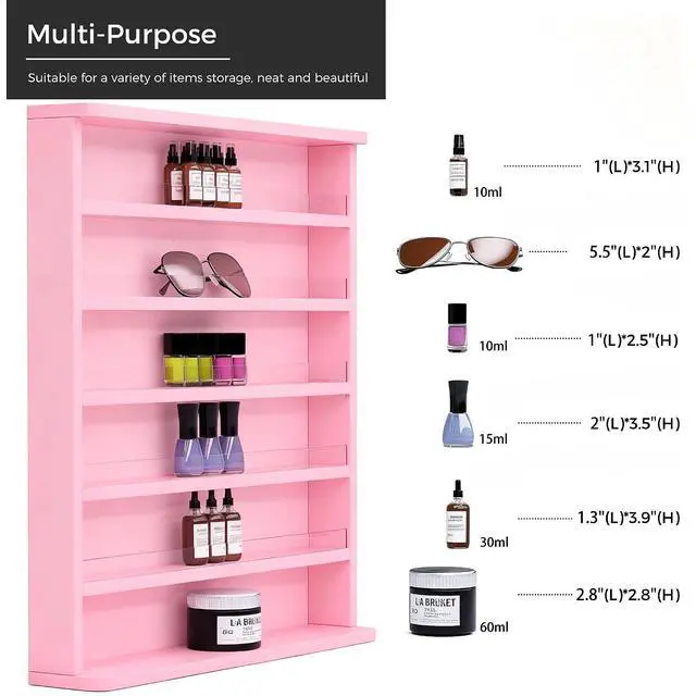Alt view image 6 of 7 - Wood Nail Polish Rack, Wall Mount Nail Polish Organizer, 6 Layers Nail Salon Storage Display Shelves Perfume Bottles Essential Oil Holder w/Acrylic Baffle, Pink