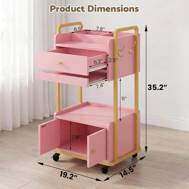 Alt view image 3 of 7 - Spa Salon Trolley with Storage Cabinet, Rolling Beauty Cart for Professional Spa & Salon Use, Mobile Esthetician Cart for Skincare, Facial & Treatment Supplies (Pink)