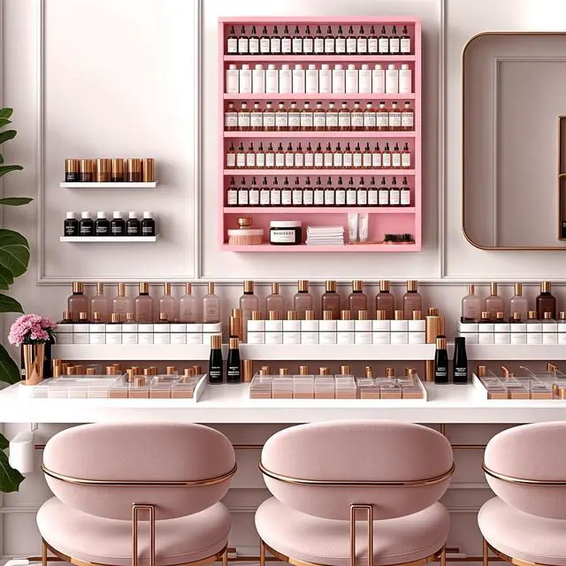 Alt view image 7 of 7 - Wood Nail Polish Rack, Wall Mount Nail Polish Organizer, 6 Layers Nail Salon Storage Display Shelves Perfume Bottles Essential Oil Holder w/Acrylic Baffle, Pink