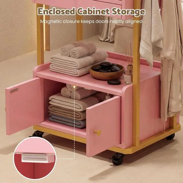 Alt view image 6 of 7 - Spa Salon Trolley with Storage Cabinet, Rolling Beauty Cart for Professional Spa & Salon Use, Mobile Esthetician Cart for Skincare, Facial & Treatment Supplies (Pink)