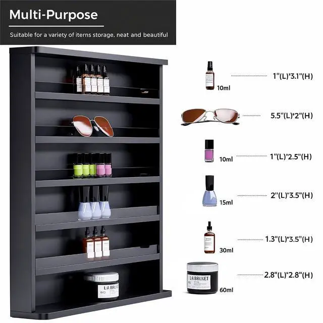 Alt view image 5 of 6 - Wood Nail Polish Rack 2 Packs, Wall Mount Nail Polish Organizer, 6 Layers Nail Salon Storage Display Shelves Perfume Essential Oil Bottles Holder w/Acrylic Baffle, Black