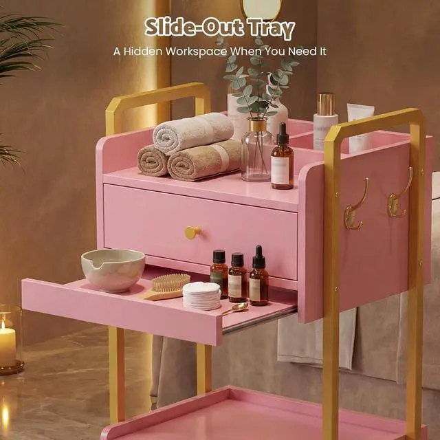 Alt view image 5 of 7 - Spa Salon Trolley with Storage Cabinet, Rolling Beauty Cart for Professional Spa & Salon Use, Mobile Esthetician Cart for Skincare, Facial & Treatment Supplies (Pink)
