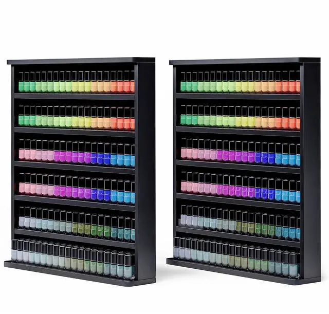 Main image of Wood Nail Polish Rack 2 Packs, Wall Mount Nail Polish Organizer, 6 Layers Nail Salon Storage Display Shelves Perfume Essential Oil Bottles Holder w/Acrylic Baffle, Black