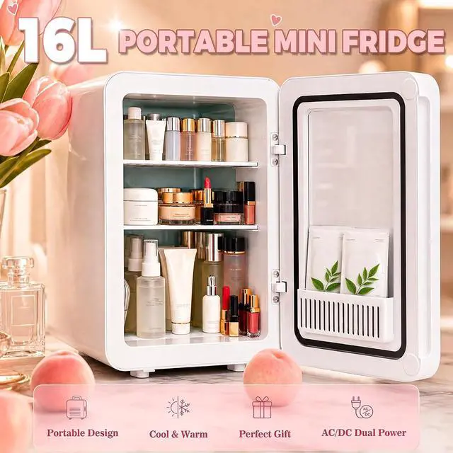 Alt view image 6 of 7 - 16L/20L Skincare Fridge with LED Mirror, Small Fridge for Makeup | Portable Skin Care Fridge for Beauty, Cosmetics, Personal Mini Refrigerator for Food, Office, Dorm, Car, Cooler & Warmer