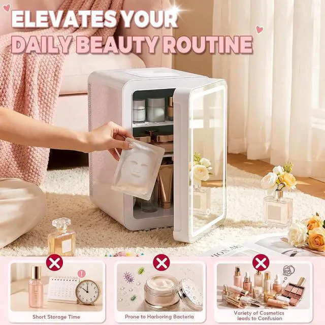 Alt view image 7 of 7 - 16L/20L Skincare Fridge with LED Mirror, Small Fridge for Makeup | Portable Skin Care Fridge for Beauty, Cosmetics, Personal Mini Refrigerator for Food, Office, Dorm, Car, Cooler & Warmer