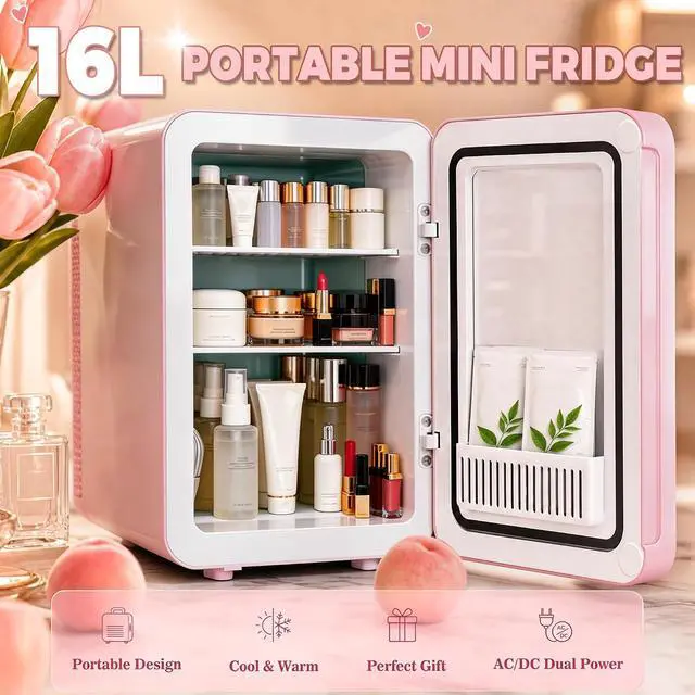 Alt view image 2 of 7 - 16L/20L Skincare Fridge with LED Mirror, Small Fridge for Makeup | Portable Skin Care Fridge for Beauty, Cosmetics, Personal Mini Refrigerator for Food, Office, Dorm, Car, Cooler & Warmer