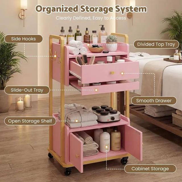 Alt view image 4 of 7 - Spa Salon Trolley with Storage Cabinet, Rolling Beauty Cart for Professional Spa & Salon Use, Mobile Esthetician Cart for Skincare, Facial & Treatment Supplies (Pink)
