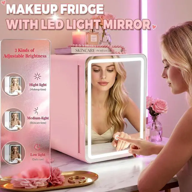 Alt view image 4 of 7 - 16L/20L Skincare Fridge with LED Mirror, Small Fridge for Makeup | Portable Skin Care Fridge for Beauty, Cosmetics, Personal Mini Refrigerator for Food, Office, Dorm, Car, Cooler & Warmer
