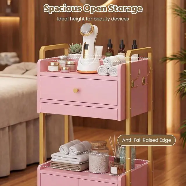Alt view image 7 of 7 - Spa Salon Trolley with Storage Cabinet, Rolling Beauty Cart for Professional Spa & Salon Use, Mobile Esthetician Cart for Skincare, Facial & Treatment Supplies (Pink)