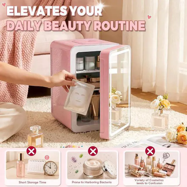 Alt view image 5 of 7 - 16L/20L Skincare Fridge with LED Mirror, Small Fridge for Makeup | Portable Skin Care Fridge for Beauty, Cosmetics, Personal Mini Refrigerator for Food, Office, Dorm, Car, Cooler & Warmer