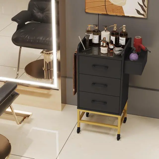 Alt view image 7 of 7 - Salon Trolley Cart with Toughened Glass Top, Rolling Barber Station w/ 4 Wheels (2 Lockable), 3 Drawers, 3 Hot Tool Holders & Towel Rack, Salon Storage Equipment for Hair Stylist, Black