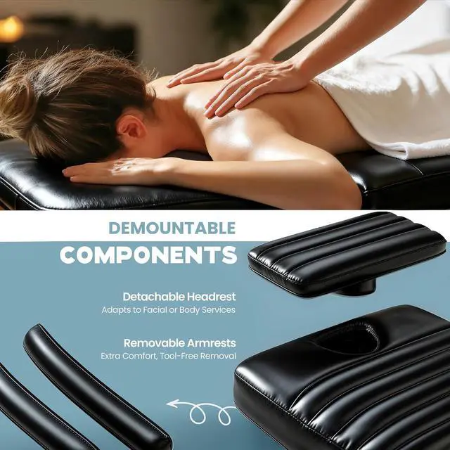 Alt view image 5 of 7 - Electric Massage Table with LED Light, Adjustable Facial Bed with Foot Control for Spa, Tattoo, Waxing, and Eyelash Extension, Removable Headrest and Armrest, 90° Back & Leg Adjustment (Black)