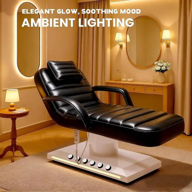 Alt view image 6 of 7 - Electric Massage Table with LED Light, Adjustable Facial Bed with Foot Control for Spa, Tattoo, Waxing, and Eyelash Extension, Removable Headrest and Armrest, 90° Back & Leg Adjustment (Black)