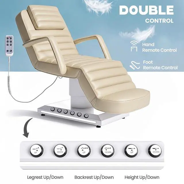 Alt view image 3 of 7 - Electric Massage Table with LED Light, Adjustable Facial Bed with Foot Control for Spa, Tattoo, Waxing, and Eyelash Extension, Removable Headrest and Armrest, 90° Back & Leg Adjustment (Beige)