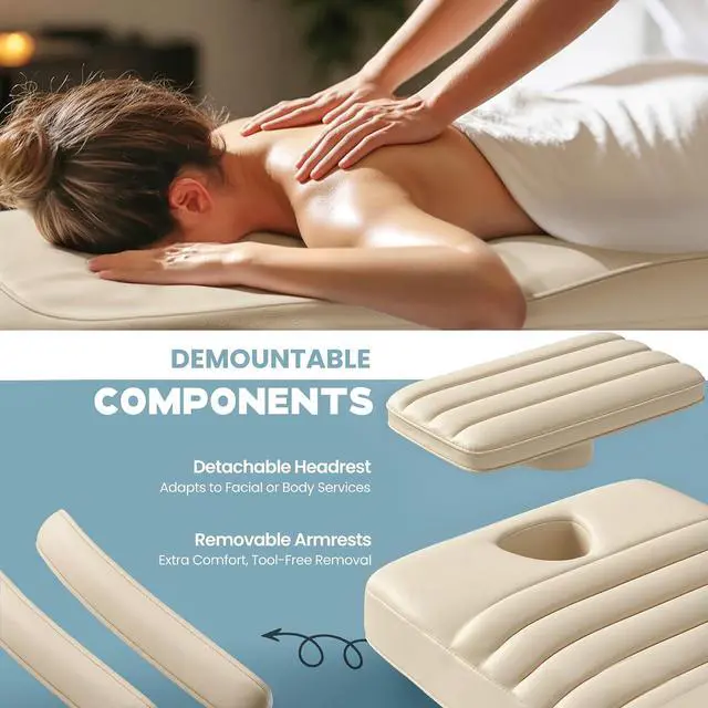 Alt view image 5 of 7 - Electric Massage Table with LED Light, Adjustable Facial Bed with Foot Control for Spa, Tattoo, Waxing, and Eyelash Extension, Removable Headrest and Armrest, 90° Back & Leg Adjustment (Beige)