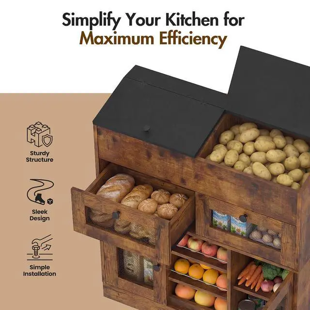 Alt view image 3 of 7 - Wooden Potato and Onion Storage Bin with Lid, Potato Bin with 2 Mesh Drawers, 5-Tier Fruit & Vegetable Cabinet with Mesh Doors, Rustic Kitchen Organizer with Adjustable Shelves for Pantry (31.9")