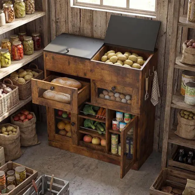 Alt view image 4 of 7 - Wooden Potato and Onion Storage Bin with Lid, Potato Bin with 2 Mesh Drawers, 5-Tier Fruit & Vegetable Cabinet with Mesh Doors, Rustic Kitchen Organizer with Adjustable Shelves for Pantry (31.9")
