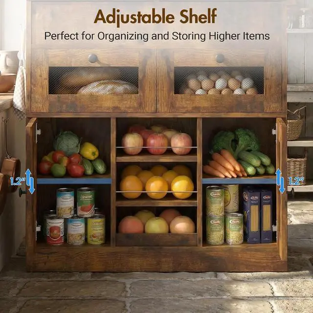 Alt view image 7 of 7 - Wooden Potato and Onion Storage Bin with Lid, Potato Bin with 2 Mesh Drawers, 5-Tier Fruit & Vegetable Cabinet with Mesh Doors, Rustic Kitchen Organizer with Adjustable Shelves for Pantry (31.9")