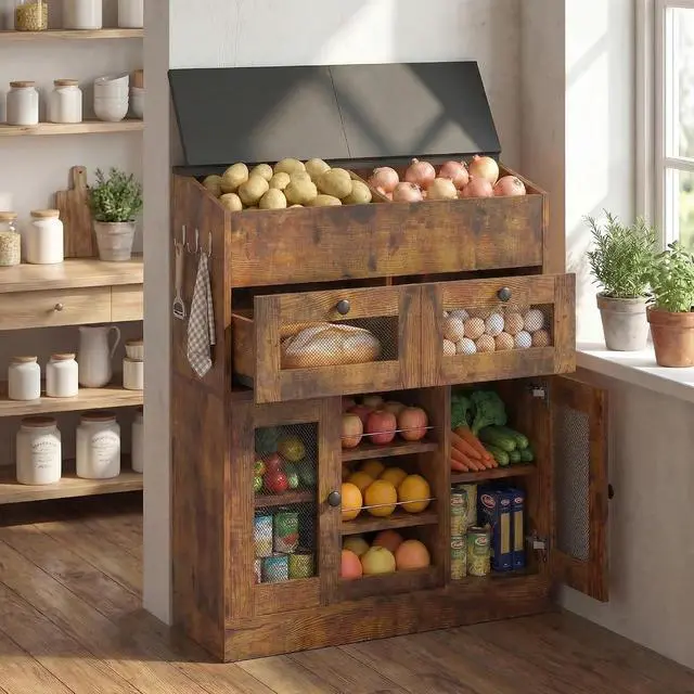 Alt view image 6 of 7 - Wooden Potato and Onion Storage Bin with Lid, Potato Bin with 2 Mesh Drawers, 5-Tier Fruit & Vegetable Cabinet with Mesh Doors, Rustic Kitchen Organizer with Adjustable Shelves for Pantry (31.9")