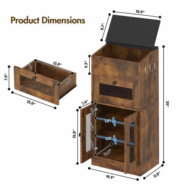 Alt view image 2 of 7 - Potato and Onion Storage Bin with Lid, Large Potato Bin with Drawer, Multi-Compartment Wooden Fruit & Vegetable Cabinet with Mesh Doors, Rustic Kitchen Organizer for Pantry (16.9")