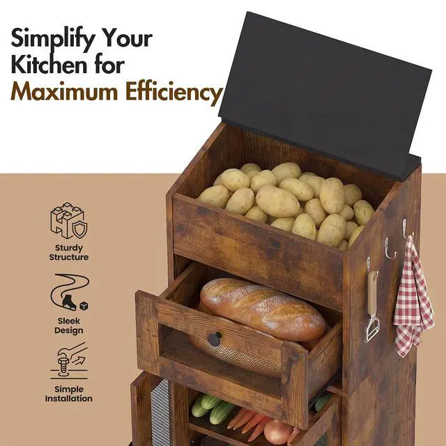 Alt view image 3 of 7 - Potato and Onion Storage Bin with Lid, Large Potato Bin with Drawer, Multi-Compartment Wooden Fruit & Vegetable Cabinet with Mesh Doors, Rustic Kitchen Organizer for Pantry (16.9")