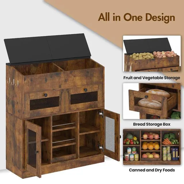 Alt view image 5 of 7 - Wooden Potato and Onion Storage Bin with Lid, Potato Bin with 2 Mesh Drawers, 5-Tier Fruit & Vegetable Cabinet with Mesh Doors, Rustic Kitchen Organizer with Adjustable Shelves for Pantry (31.9")
