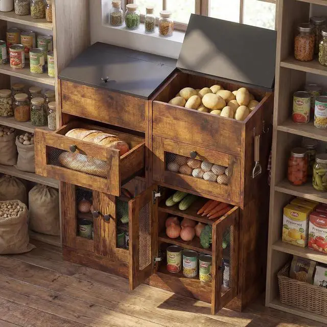 Alt view image 4 of 7 - Potato and Onion Storage Bin with Lid, Large Potato Bin with Drawer, Multi-Compartment Wooden Fruit & Vegetable Cabinet with Mesh Doors, Rustic Kitchen Organizer for Pantry (16.9")