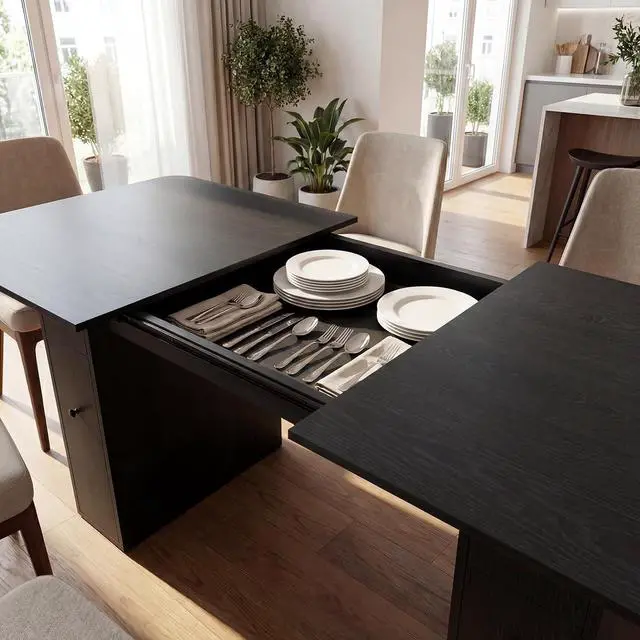 Alt view image 5 of 7 - 63" to 79" Modern Extendable Dining Table with Drawers, Farmhouse Rectangular Kitchen Table for 6-10 People, Space-Saving Dining Room Table with Removable Leaf for Living Room Home Office (Black)