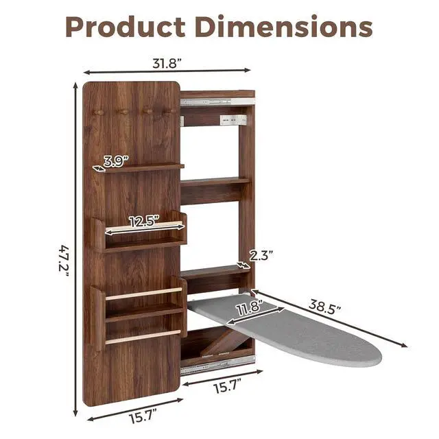 Alt view image 2 of 7 - Wall Mounted Ironing Board Cabinet with Storage, Foldable Wall Ironing Board with Sliding Door, Wall Mount Space Saving Ironing Station for Laundry Room, Living Room, Entrance (Walnut)