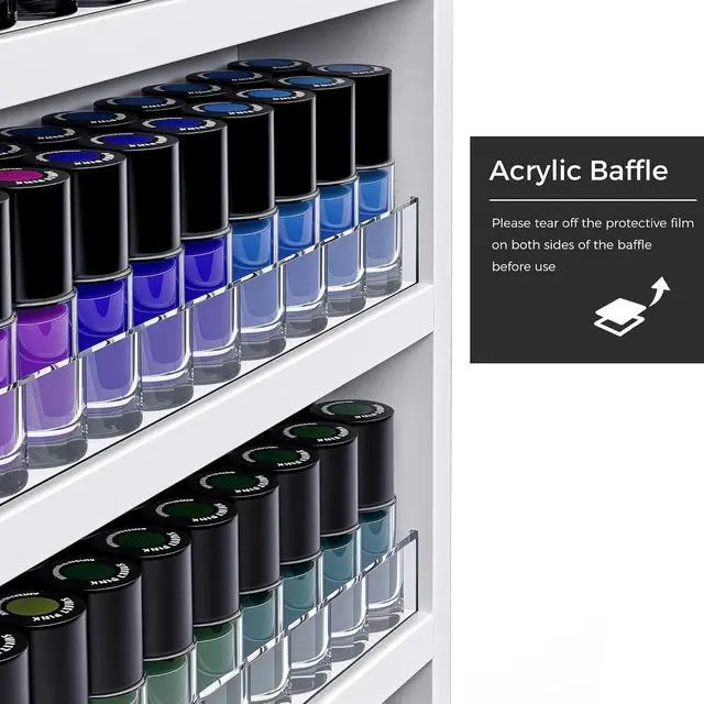 Alt view image 4 of 6 - Wood Nail Polish Rack 2 Packs, Wall Mount Nail Polish Organizer, 6 Layers Nail Salon Storage Display Shelves Perfume Essential Oil Bottles Holder w/Acrylic Baffle, White